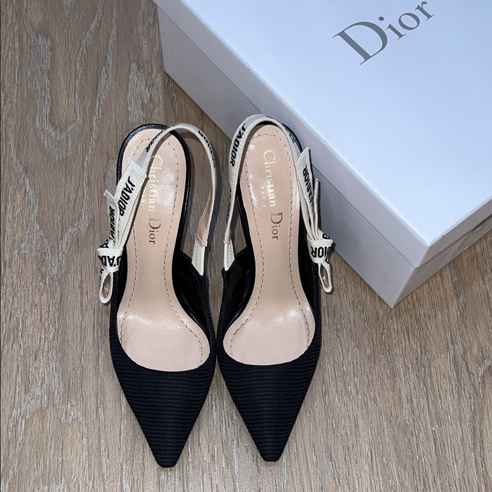 Dior Black and Cream Slingback Pointed Toe Heels